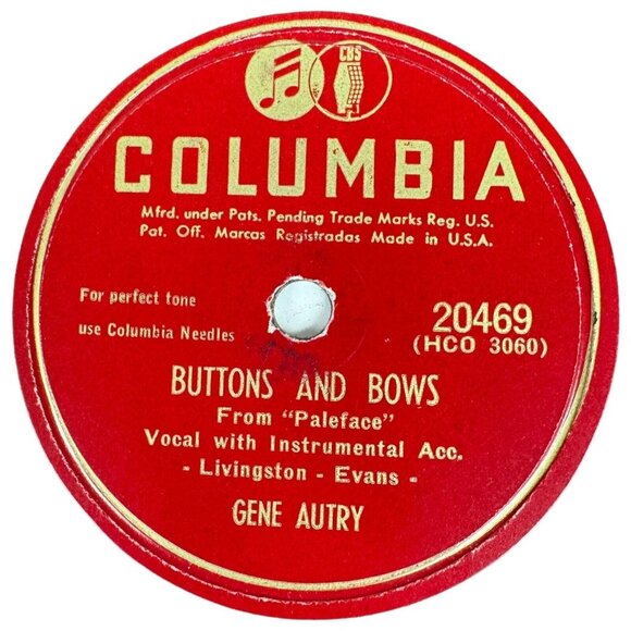 Gene Autry Buttons And Bows 10 Inch Shellac 78 RPM Columbia 20469 Vintage Record - Picture 2 of 4